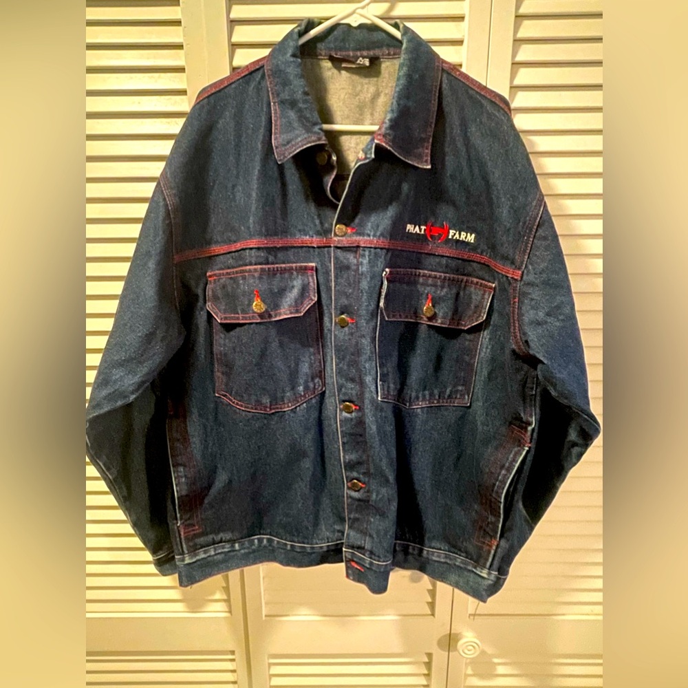 Vintage Phat Farm Denim Jacket Y2K Era XXL Long Fabric Great Missing 2 Buttons